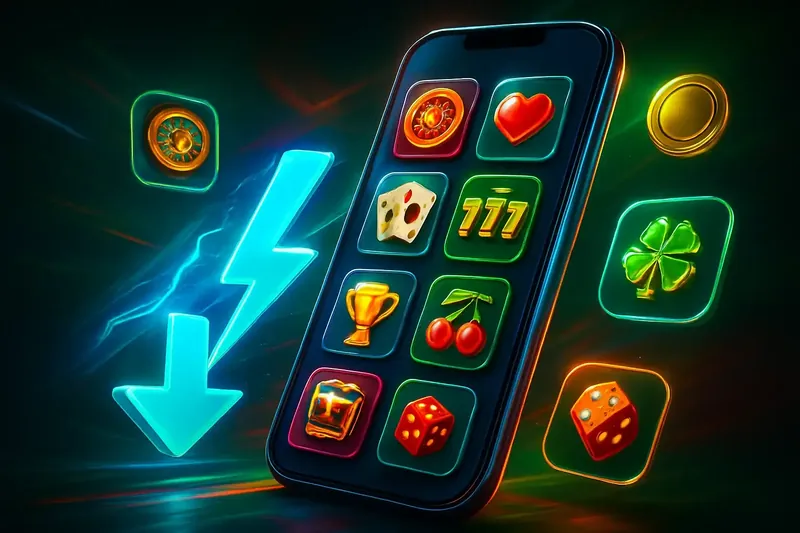 Glossy smartphone casino app banner with neon download symbol and glowing tiles