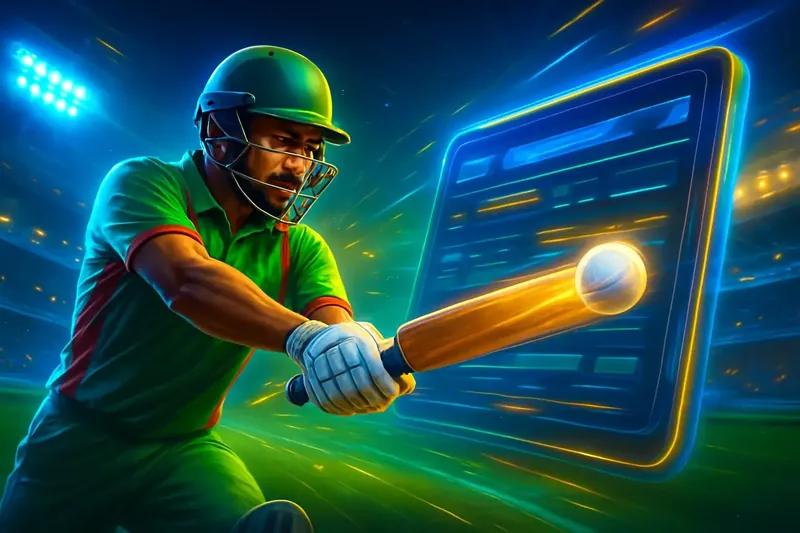 Cricket Sportsbook Action Cricket batter striking ball under stadium lights in dynamic sportsbook banner