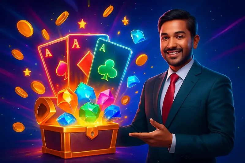 Reward Chest Burst Glowing reward chest with cards, coins, gems, and stars bursting out