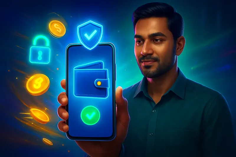 Hand holding smartphone with secure mobile wallet, coins, and speed light trails