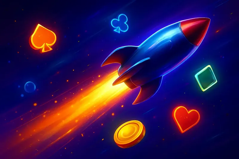 Glossy rocket launch casino banner with neon speed trails and game particles