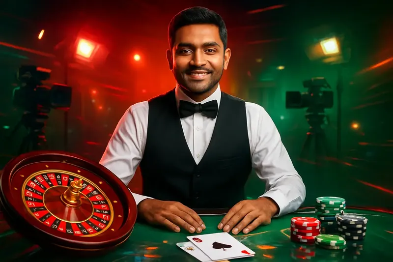 Friendly professional live dealer with roulette, cards, chips, and studio lights